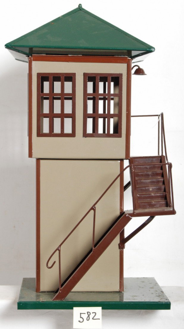 Reproduction Buddy L Outdoor Railroad switch tower: Unmarked reproduction Buddy L Outdoor Railroad switch tower, some surface rust and some bubbling. Please view the photographs for the best description and as to the condition and diversity of the item