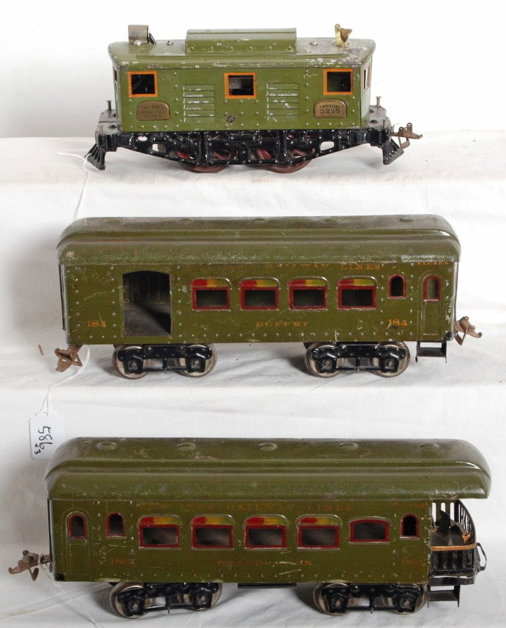 Ives No. 3235 loco, 184 Buffet, 186 observation: Prewar Ives standard gauge No. 3235 boxcab electric locomotive with No. 184 buffet and No. 186 observation, passenger cars, C4-5.
