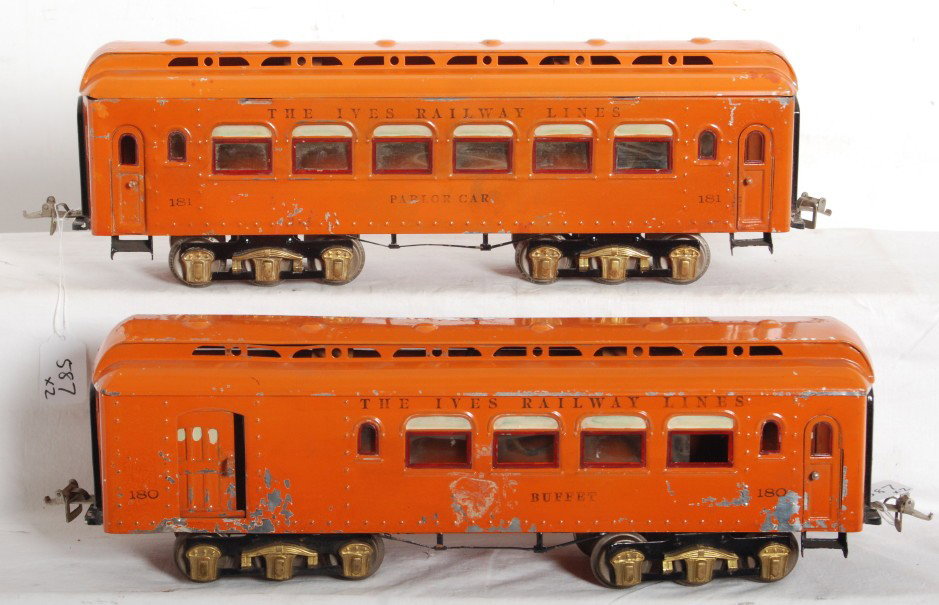Ives 180 and 181 passenger cars: Prewar Ives standard gauge passenger cars 180 buffet and 181 parlor car, restored C5-6.