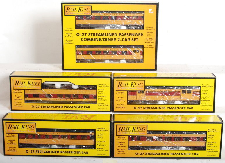 Railking Union Pacific 6 car passenger set: Railking MTH modern O Gauge Union Pacific six car passenger set in OBs. Includes 30-6107 B, C, D, and E and 6108 combo and diner. Other cars include coach, baggage, vista dome, and observation. Cars a
