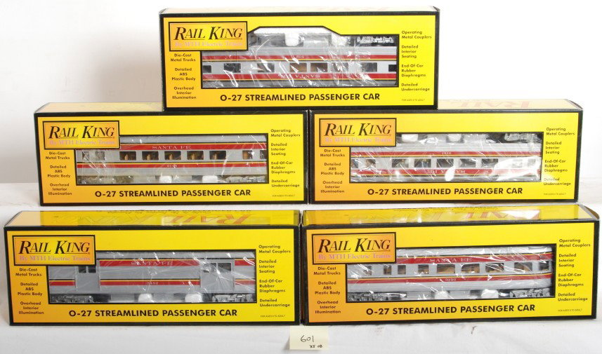 Railking 5 car Santa Fe passenger set: MTH Railking Santa Fe five car passenger set in OBs. Five cars include 30-6103-1,2,3,4 and 30-6102. Cars include two coaches, baggage, vista dome, and observation. Cars are C8 with run time.