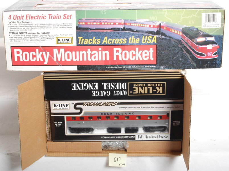 K Line Rocky Mountain Rock Island set and add ons: K Line modern O Gauge K-1732 Rock Island Rocky Mountain Rocket set in OB. Set is complete with track and transformer. Very light run time. Also includes add on dummy Alco and two cars. Two of the thre