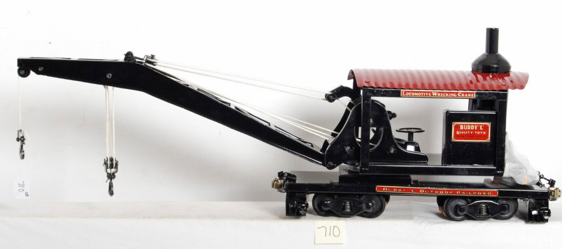 T-Reproductions Buddy L wrecking crane in OB Mint: Modern era T-Reproductions Buddy L Outdoor Railroad wrecking crane in original box, C8-9. Box shows light/mild wear.