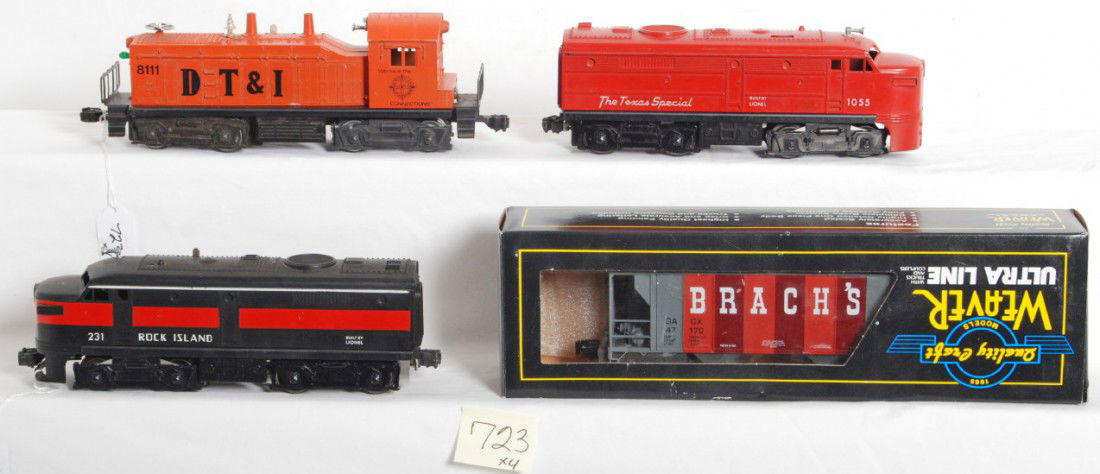 Lionel 231, 1055, 8111, Weaver BrachÕs PS-2 in OB: Postwar Lionel O gauge 231 Rock Island Alco diesel loco, C7 1055 MKT The Texas Special Alco diesel loco, C6. Modern era Lionel O gauge 8111 Detroit, Toledo and Ironton NW-2 diesel switcher, C6. Weaver