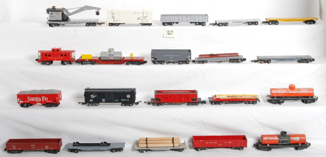 Large lot of P.W. American Flyer S gauge freight c: Postwar American Flyer S gauge freight cars with repainting, chips, missing steps, etc. Trains in this lot are sold as they are shown in our photos with no returns. Twenty cars total in this lot with 