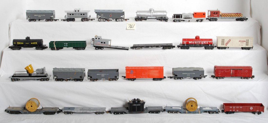 Large lot of P.W. American Flyer S gauge freight c: Postwar American Flyer S gauge freight cars with repainting, chips, missing steps, etc. Trains in this lot are sold as they are shown in our photos with no returns. Twenty-three cars total in this lot