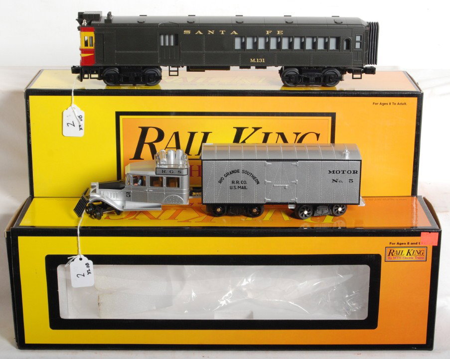 Railking Rio Grande goose and Santa Fe doodlebug: MTH Railking modern O Gauge Rio Grande galloping goose and Santa Fe doodle bug motorized units. Catalog numbers are 30-2154-1 and 30-2135-1. Both units feature Protosound. Goose is C7-8 with run time 