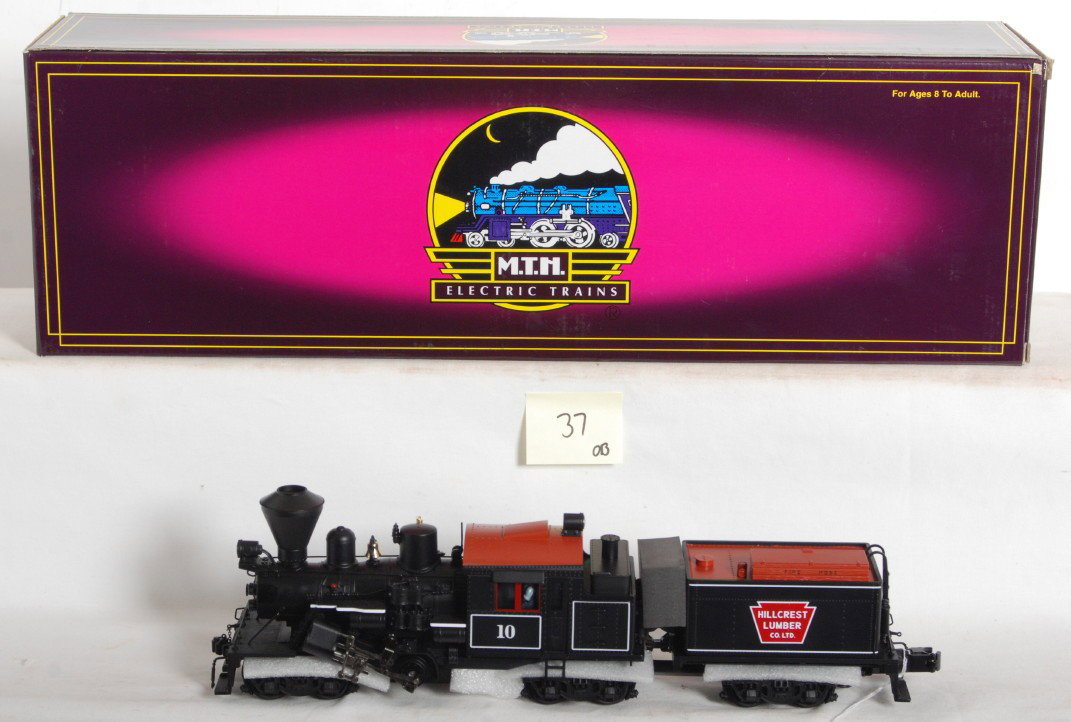 MTH Hillcrest Lumber Climax steam locomotive: MTH modern O Gauge Hillcrest Lumber climax steam locomotive in OB. Catalog number is 20-3039-1. Locomotive features Protosound 2.0, DCS control, Protosmoke, and Protocoupler. Locomotive is high C8-9 w