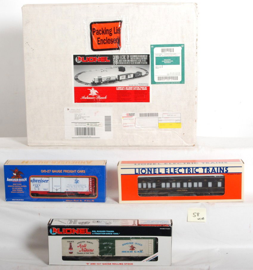 Lionel 11810 Anheuser Busch set and extra cars: Lionel modern O Gauge 11810 Anheuser Busch set missing track and transformer. Also included are 16805 malt nutrine reefer, 19038 Adolphus observation car, and K Line K7524 Budweiser boxcar. Trains are