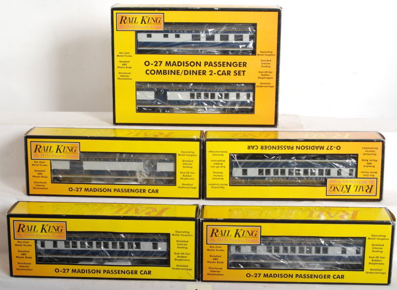 Railking Texas and Pacific 6 car pass. set: MTH Railking modern O Gauge Texas and Pacific Madison passenger car set in OBs. Four cars in the set include 30-6220 baggage, 6221 coach, 6222 coach, and 6223 observation. Also includes 30-6224 two ca