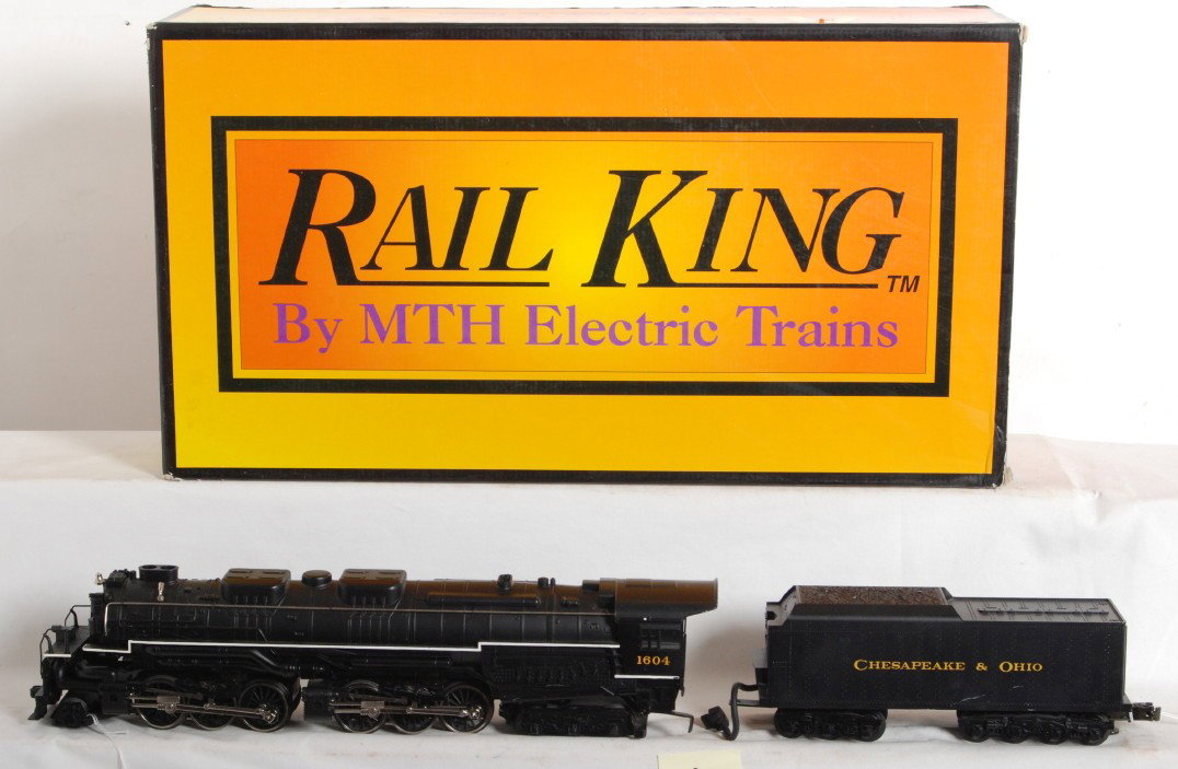 Railking C&O Allegheny 20-1117L: MTH Railking modern O Gauge Chesapeake and Ohio Allegheny in OB. Loco features Protosmoke and whistle. Catalog number is 20-1117L. Loco is C7 condition with a 2 inch scratch on the side of the tender,