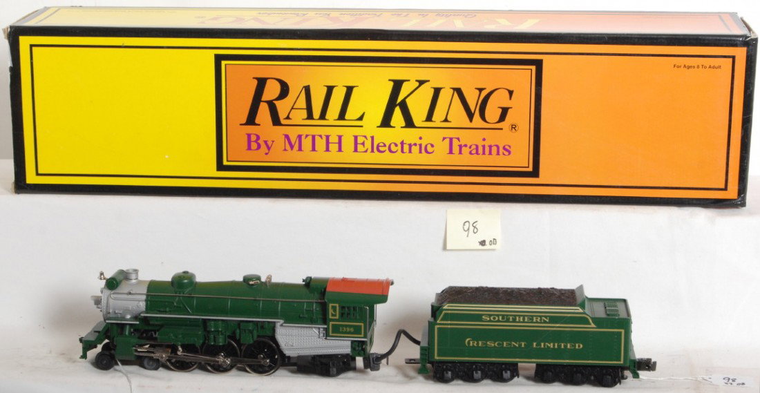 Railking Southern Crescent steam locomotive: MTH Railking modern O Gauge Southern Crescent Pacific steam locomotive in OB. Catalog number is 30-1125-0. Loco features Protosmoke, whistle, and more. Loco is C7+ condition with run time. OB has corn