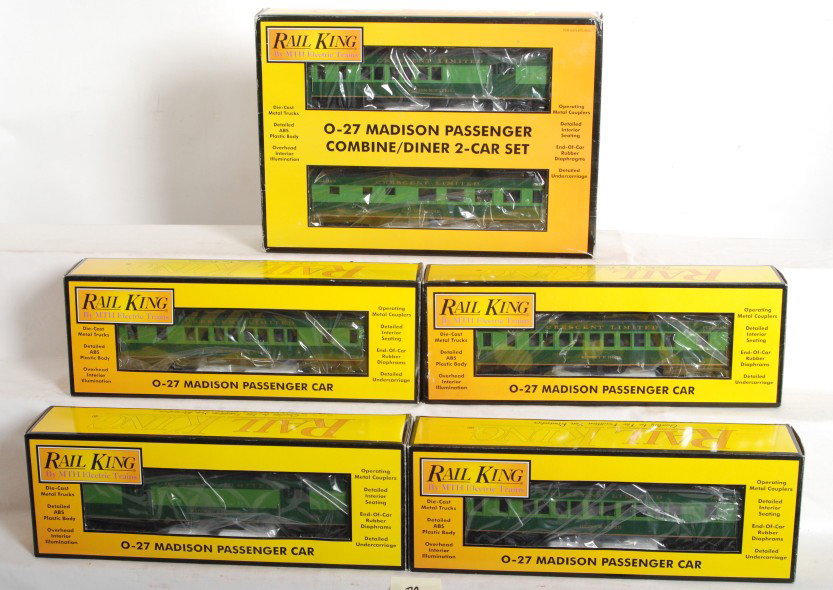 MTH Crescent 30-6240-1 30-6241: MTH Railking modern O Gauge Southern Crescent Madison passenger cars; 30-6240-1 baggage, 30-6240-2 coach, 30-6240-3 coach, 30-6240-4 observation, and 30-6241-1 combo/diner set. All cars are in OBs. Ca