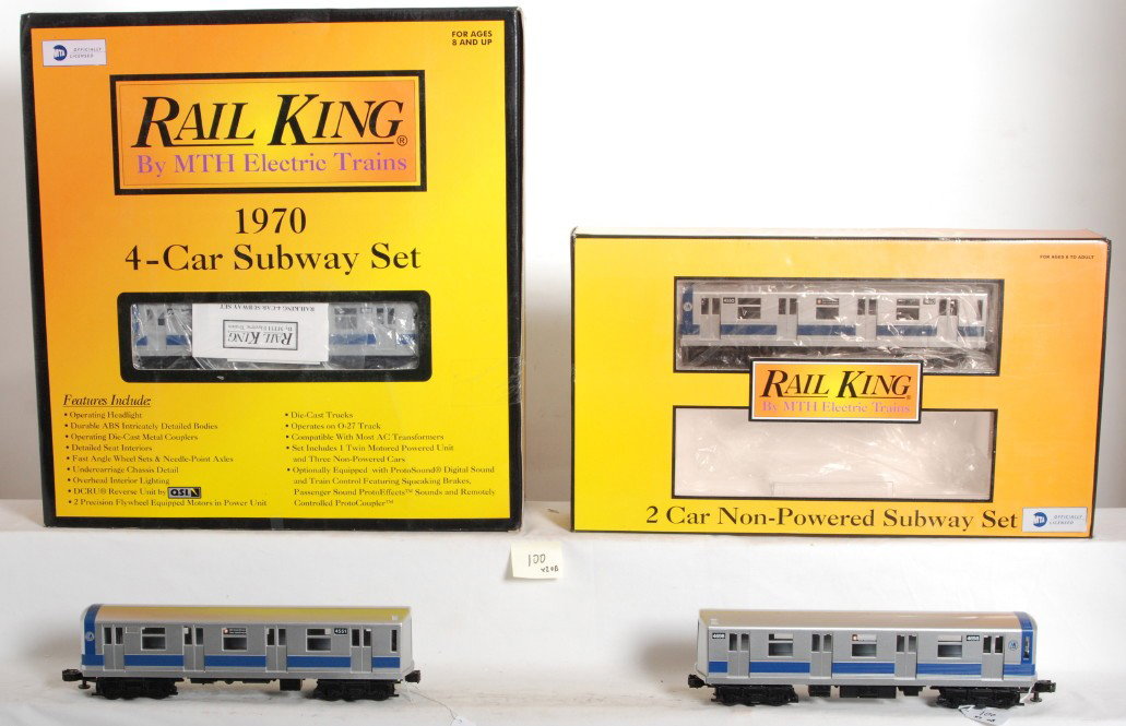 Railking MTA Subway six car set: MTH Railking modern MTA subway set in OBs. Catalog numbers are 30-2122-0 and 30-2161. Six car set features a horn. Locos are C7+ with run time. OB shows some corner and edge wear.