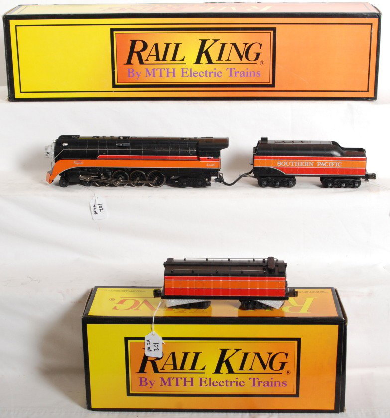 Railking SP Daylight GS4 with aux tender: MTH Railking modern O Gauge Southern Pacific Daylight GS4 with Protosound and auxiliary tender. Catalog numbers are 30-1119-1 and 30-1126. Loco features Protosound, Protosmoke, and more. C7 with run t