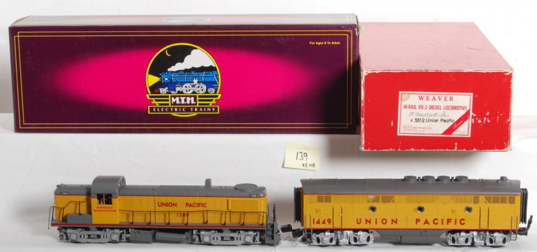 MTH Union Pacific F3-B powered and Weaver RS3: MTH and Weaver modern O Gauge locomotives in OBs. MTH Union Pacific 20-2055-3 powered B unit with dual motors and electronic reverse C7. Weaver RS-3 No. 5512. Pilot is broken off, but included. C5-6. 