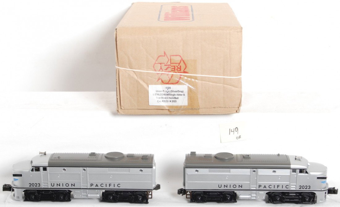 Williams Union Pacific Alco A-A pair: Williams modern O gauge Union Pacific Alco A-A diesel locomotive pair in OB. Catalog number is 023S. Locos feature True Blast horn and bell. Locos are C8 condition with some run time.