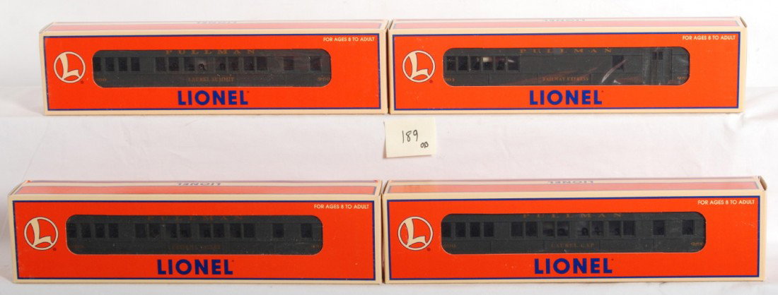 Lionel Pullman baby Madison 4 car pack: Lionel modern O gauge Pullman baby Madison four car pack in OBs. Four cars include 19070 combo, 19071 Pullman 19072 Pullman, and 19073 observation. Cars are C9-10
