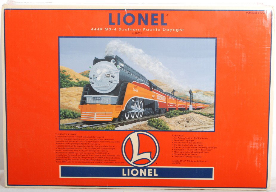 Lionel 18071 Southern Pacific GS4 with TMCC: Lionel modern O gauge Southern Pacific GS4 Daylight in OB. Loco is catalog number 18071 and features TMCC, Railsounds, Electrocoupler and much more. Loco is factory sealed in plastic C10.