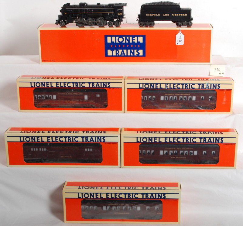 Lionel N&W steam set with 5 cars 18638, 16084, etc: Lionel modern O gauge 18638 Norfolk & Western 2-6-4 Steam Locomotive and Tender with 16063 "Max Meadows" Pullman Car, 16061 "Plum Run" Baggage Car, 16062 "High Bridge" Combo Car, 16064 "High Hill" Pul