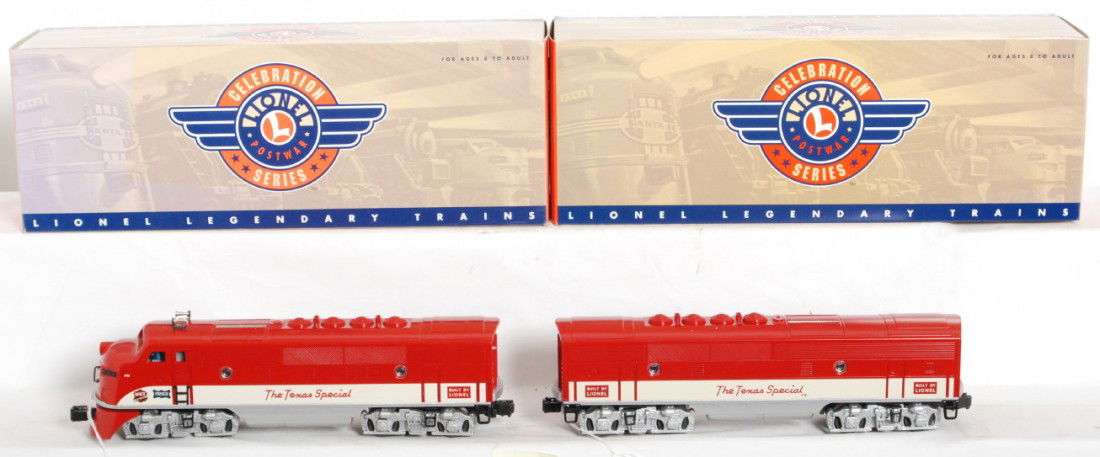 Lionel PWC Texas Special F3 A-B: Lionel modern O gauge Postwar Celebration Series Texas Special F3 A-B diesel locomotives in OBs. Catalog numbers are 14520 and 38103. Locos feature TMCC, Railsounds, Electrocouplers and more. A unit i