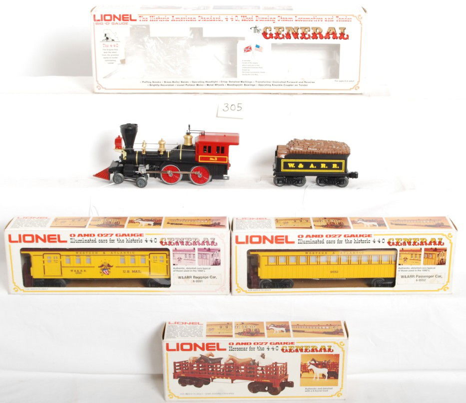 Lionel The General Set 8701 9551 9552 9553 OBs: Lionel modern O gauge 8701 The General 4-4-0 steam loco with tender and W&ARR cars including; 9551 baggage, 9552 passenger and a 9553 horse car all in OBs, Trains are C8 with run time. OBs have some w