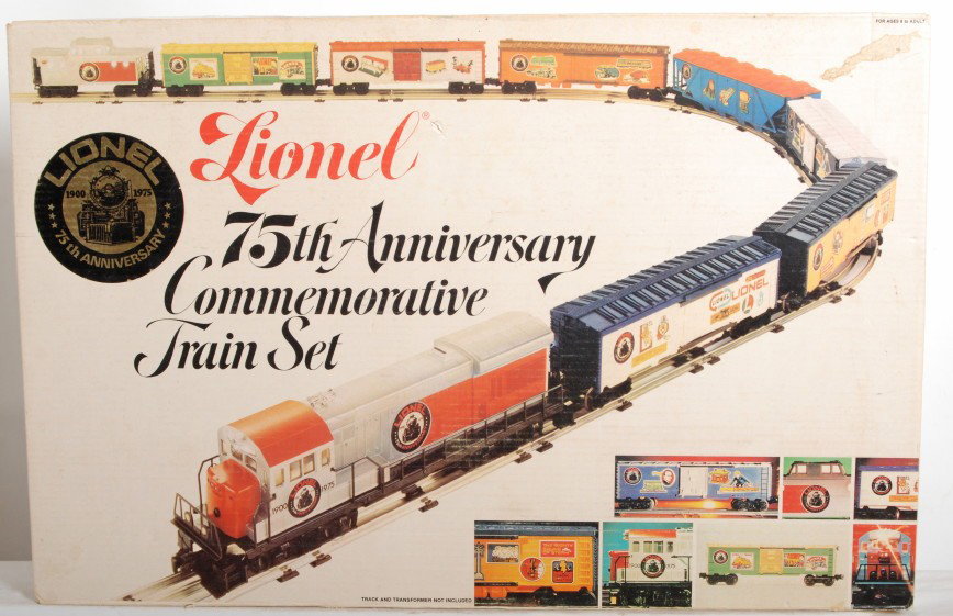 Lionel 1585 75th anniversary set: Lionel modern O Gauge 1585 75th Anniversary Commemorative train set in OB. Set box and component boxes have light staining but loco and cars are C8-9, with very little if any run time. One light scrat