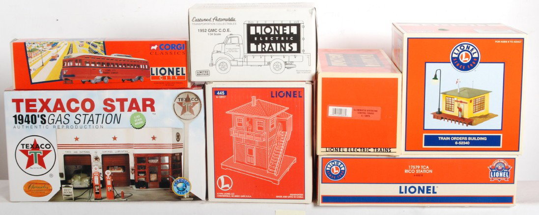 Lionel accessories 52210, 12878, 52340, etc.: Lionel modern O gauge accessories in OBs, includes 52340 TCA train orders building, 52210 TCA Ricco station, 12878 control tower, 12917 operating switch tower, Eastwood 1952 Lionel GMC truck, 55004 Li