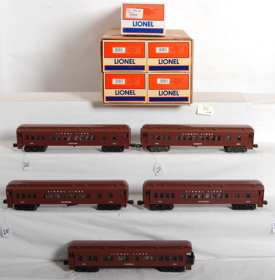 5 Lionel Legends Madison Pass 19074 19096: Lionel modern O gauge 19074 Legends of Lionel Madison passenger cars four pack consisting of 19075 Mazzone coach, 19076 Caruso coach, 19077 Raphael coach and a 19078 Cowen observation. Also included i