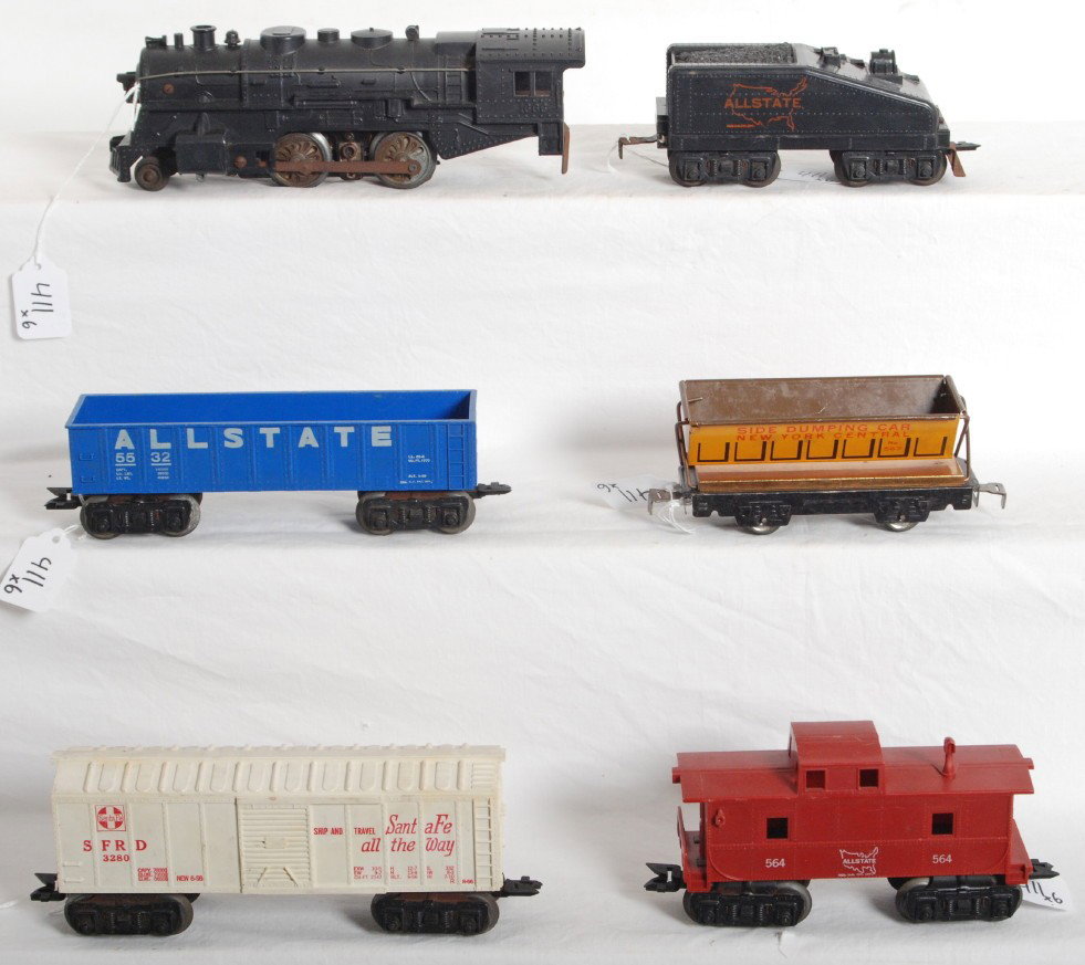 Marx 1666, 5532, 3280, 567, 564 Allstate steam loc: Postwar Marx O gauge No. 1666 Allstate steam locomotive and slope back tender, 5532 Allstate gondola, 3280 Santa Fe boxcar, 567 New York Central side dump car, and 564 Allstate caboose. Cars have some