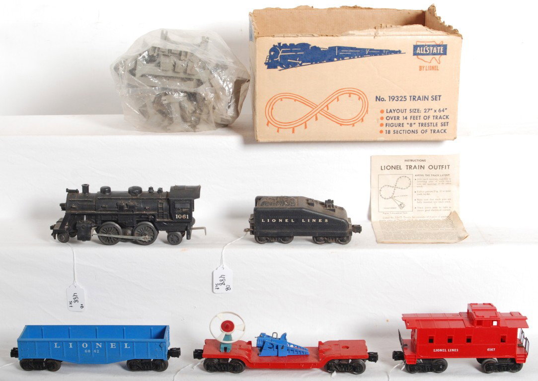 Lionel 19325 Allstate train set w/1061 steam loco : Postwar Lionel O gauge 19325 Allstate train set comprising of 1061 steam locomotive and slopeback tender with 6042 gondola, turbo missile launcher car, and 6167 caboose in set box. Trains look C6. Als