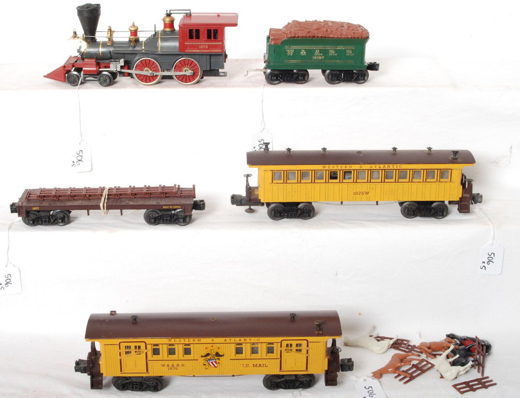 Lionel W.A.R.R. steam freight/passenger set w/whis: Postwar Lionel O gauge Western and Atlantic Railroad steam passenger/freight set with 1872 The General steam locomotive and tender, 1877 flatcar (fences have been glued down and removed), 1876 baggage