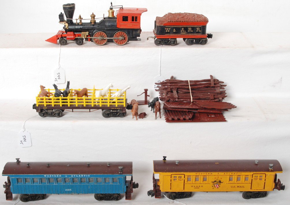 Lionel Halloween General set 1882, 1882T, 1887...: Postwar Lionel O gauge 1882 Western and Atlantic Halloween General steam locomotive with 1882T W.A.R.R. tender, 1887 flatcar with horses, 1866 baggage, and 1885 coach. Loco is missing a cab corner, te