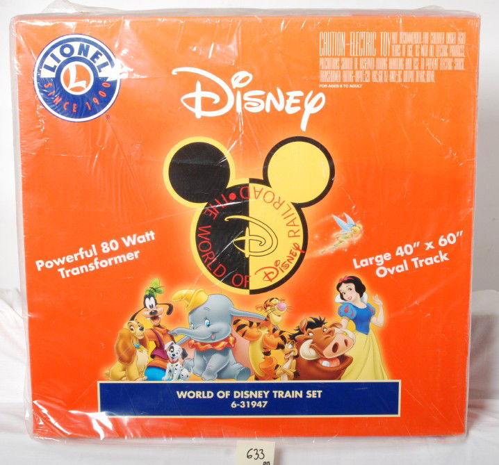 Lionel 31947 Disney train set: Lionel modern O gauge Disney 31947 train set factory sealed in plastic. Plastic has one foot tear in the back, other than that the set is assumed C10.