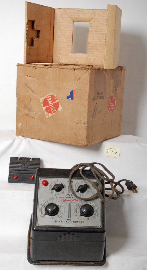 Lionel Type Z 250 watts transformer in OB w/insert: Lionel Type Z 250 watts transformer in original box with inserts, looks nice C6. Plug is replaced. Box has packing tape covering label, detached flap, split corner, still a very clean original box.