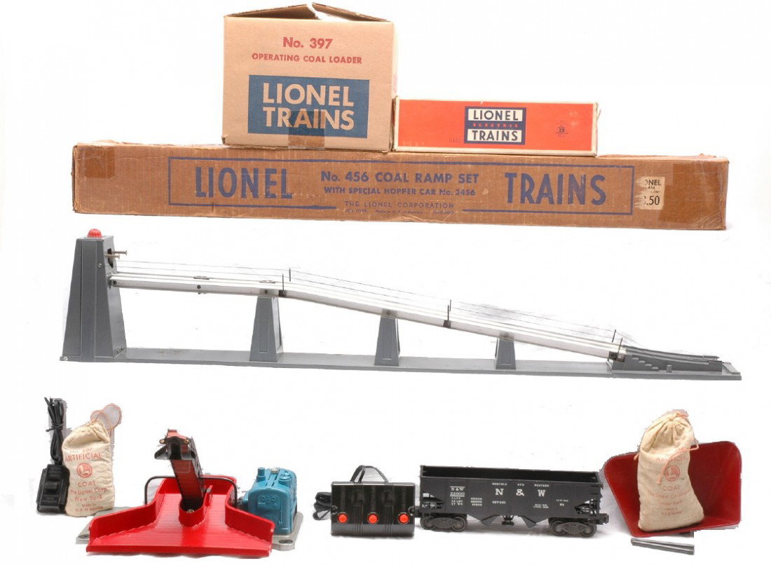 Lionel 397 Coal Loader 456 Coal Ramp Boxed: Lionel postwar 397 operating coal loader with a bag of 207 coal in reproduction box, C7-8. Also included is a 456 coal ramp set with special Norfolk & Western hopper car no. 3456, bin, 456C controller