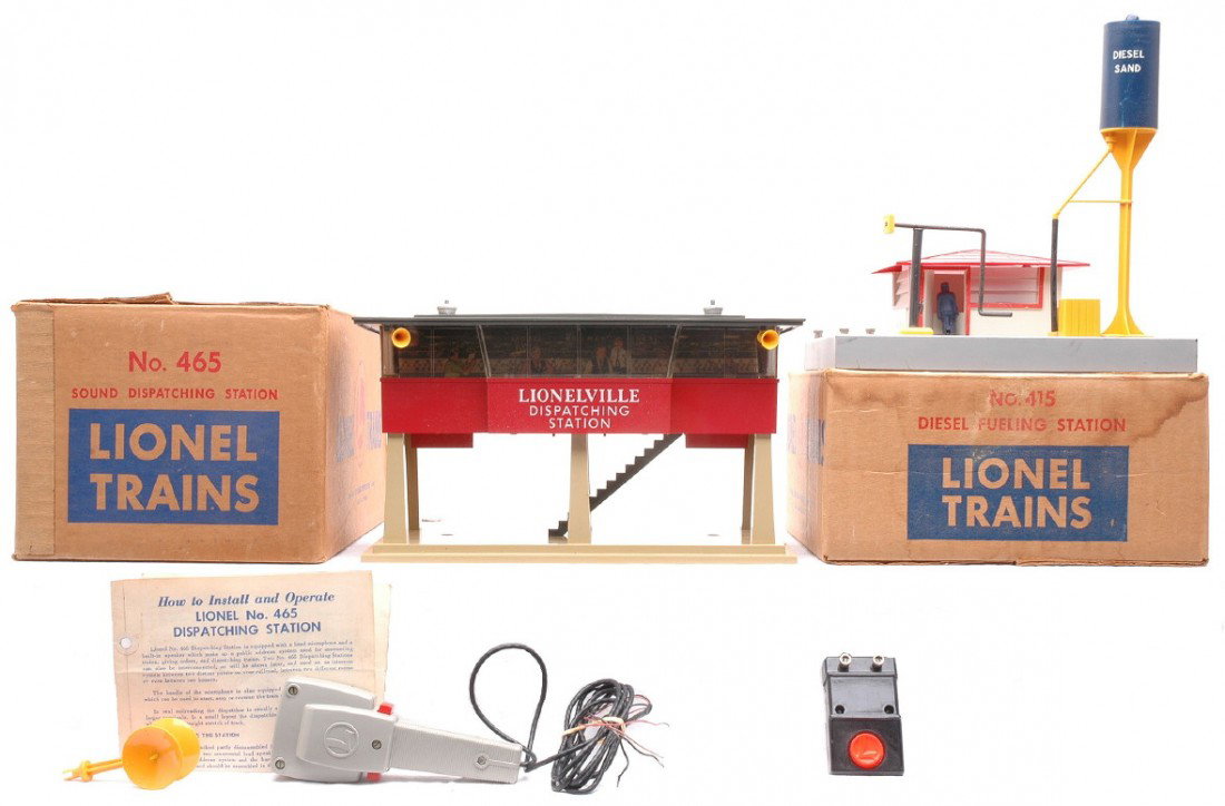 Lionel 415 Fueling 465 Dispatching Stations OBs: Lionel 415 diesel fueling station in OB with 90 controller and a 465 sound dispatching station in OB with original cardboard insert, instruction sheet, microphone and antenna. The 415 and 465 are C7.