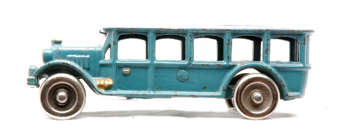 Arcade Cast Iron Blue Bus: Arcade cast iron blue bus that measures 6 inches in length, C6.
