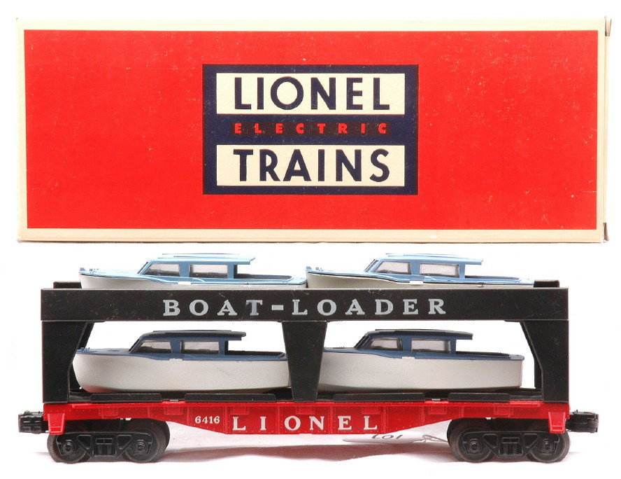 Lionel 6416 Boat Transport Car w/4 Boats: Lionel postwar 6416 boat transport car with four boats that have white hulls and blue cabins. The car is C7-8.
