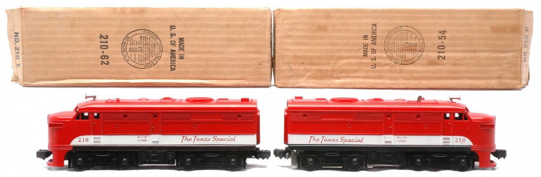 Lionel 210P/T Texas Special Alco AA Diesels OBs: Lionel postwar 210P/210T Texas Special Alco AA diesel units in OBs. The dummy A unit has one small scratch on the roof, otherwise Alcos are C8. The OBs have all flaps attached and there is tape repair