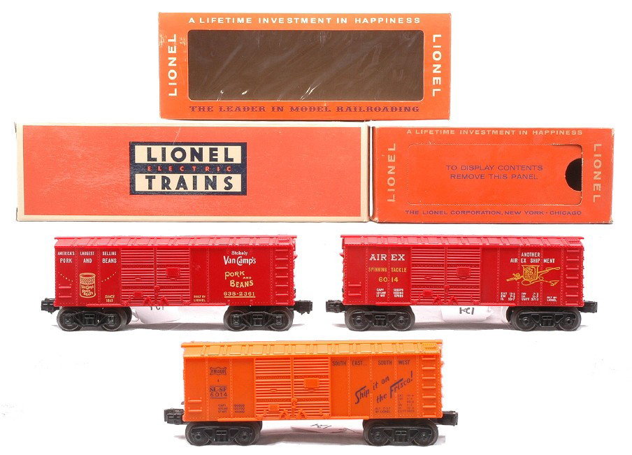 Lionel Boxcars 638-2361 6014-85 6014-100: Lionel postwar boxcars including; 638-2361 Van CampÕs boxcar with coin slot and 6014-85 orange Frisco boxcar both in reproduction boxes. Also included is 6014-100 red Airex boxcar in OB. The cars are