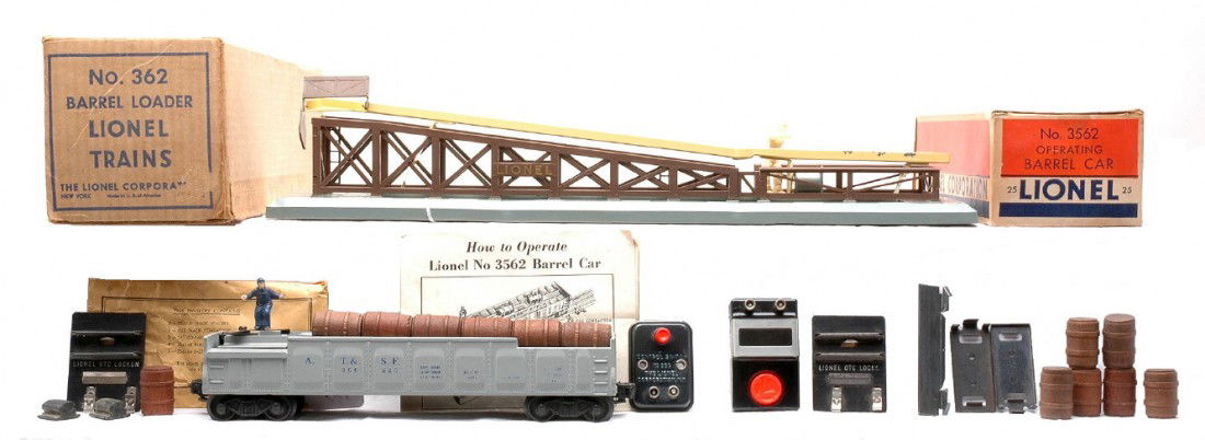 Lionel 362 Barrel Loader 3562-25 Barrel Car OBs: Lionel postwar 362 barrel loader in OB with OTC lockon, 90 controller and wooden barrels. Also included is a 3562-25 gray operating AT&SF barrel car in OB with barrels, instruction sheet, OTC lockon,