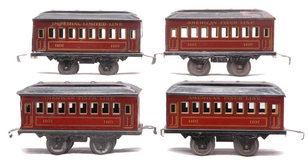 AF Red LItho Pass 3-1107 1107 Imperial Limited: American Flyer prewar O gauge red lithographed American Flyer Line four wheel passenger cars including three 1107 coaches. Also included is a red lithographed 1107 Imperial Limited Line coach. Cars ar