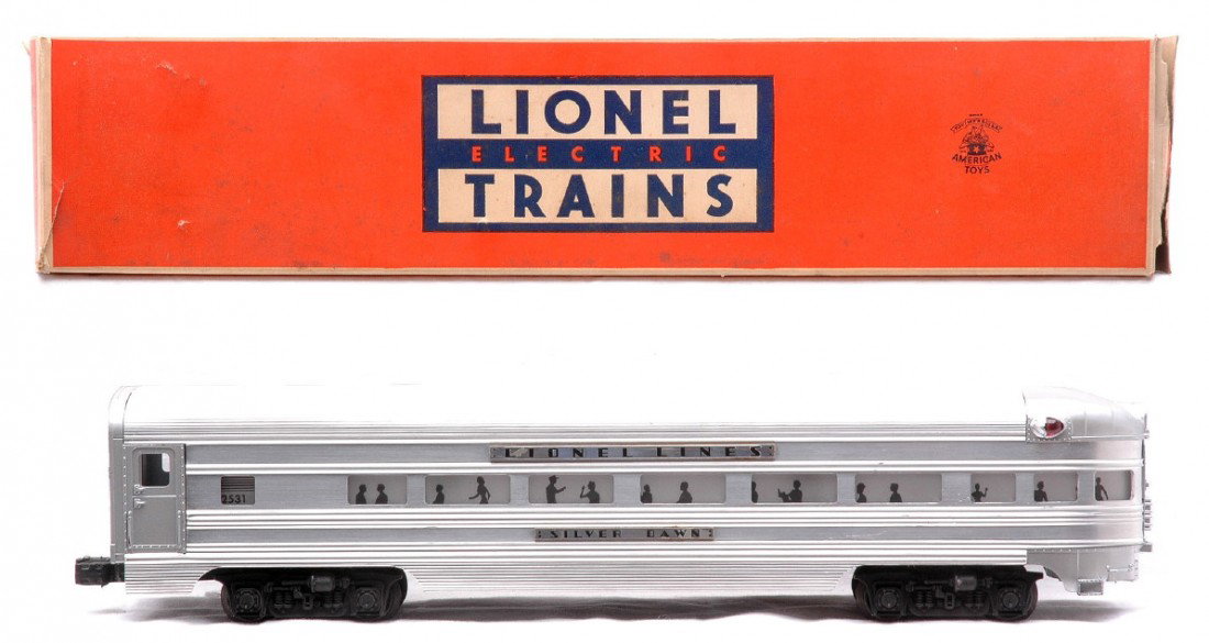 Lionel 2531 Aluminum Silver Dawn Observation OB: Lionel postwar 2531 aluminum Silver Dawn observation car with flat channels and glued nameplates in OB. The car is C8. The OB is the late classic style box with coupler protection flaps and no liner. 