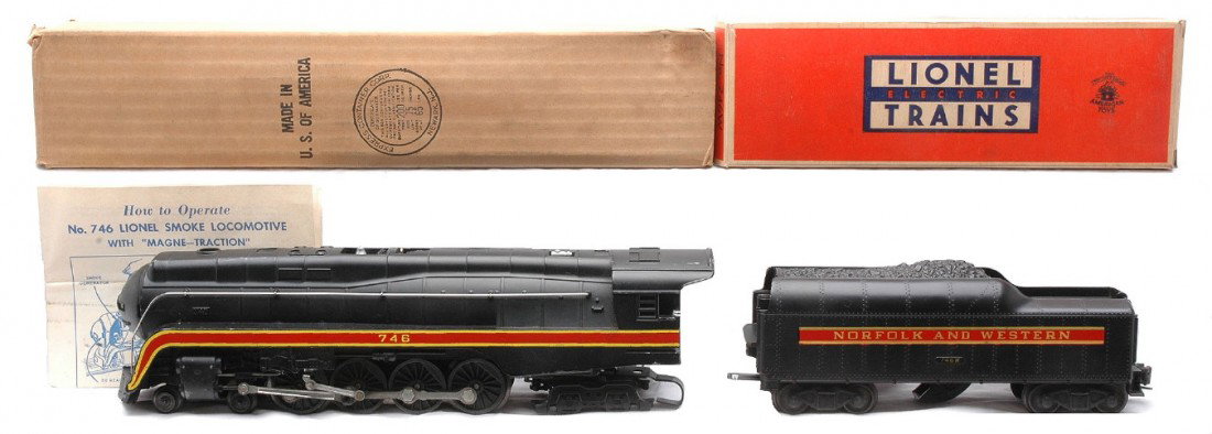 Lionel 746 N&W Class J Northern Loco 746W Tender: Lionel postwar 746 Norfolk & Western 4-8-4 Class J Northern steam loco with a 746W Norfolk & Western tender with a short stripe. Also included is an instruction sheet. The loco has some minor scratche