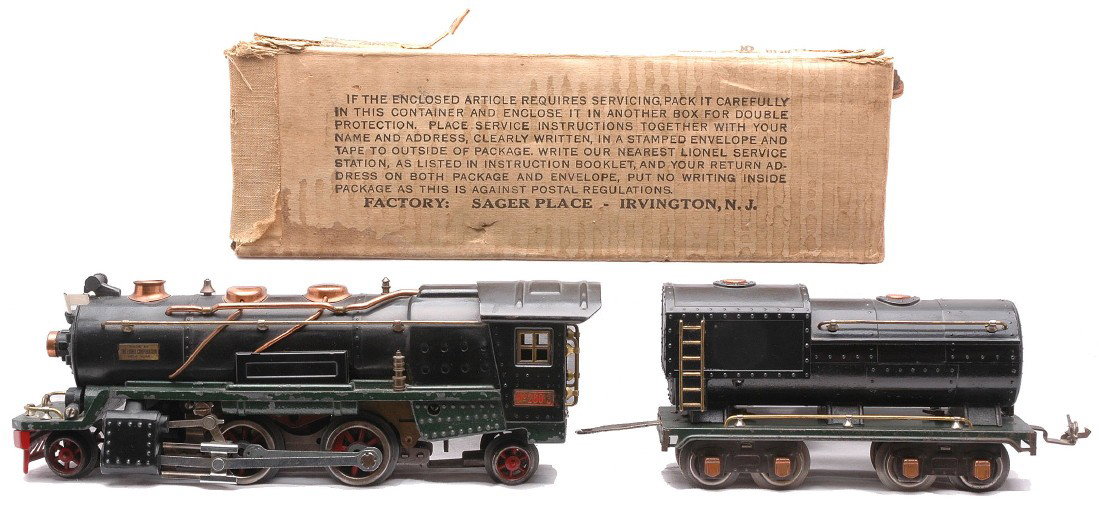 Lionel 260E Black Steam Loco OB 260T Tender: Lionel prewar O gauge 260E black 2-4-2 steam loco and a 260T tender both with green frames. The tender cab is missing a screw and is loose from the frame. The engine and tender have been partially res