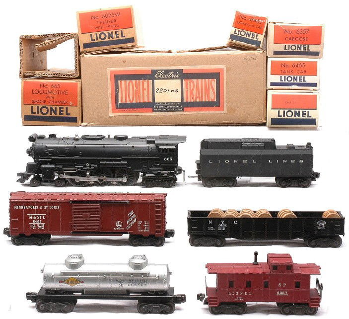 Lionel Fireball Express Freight Set 2201WS OBs: Lionel postwar Fireball Express freight set no. 2201WS, circa 1954 containing; 665 black 4-6-4 steam loco with original cardboard insert, 6026W tender with a reproduction insert, 6462 New York Central