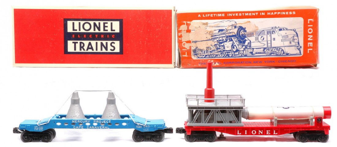Lionel Mercury 3413 Launching 6413 Capsule: Lionel postwar 3413 Mercury capsule launching car in a worn OB and a 6413 Mercury Project Cape Canaveral car in a reproduction box. The top railing on the 3413 has cracks, otherwise the car is C7. The