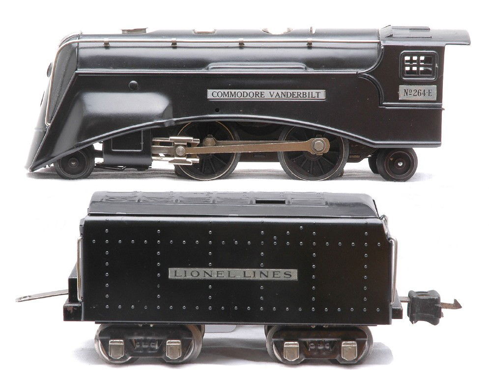 Lionel 264E Commodore Vanderbilt Loco 265W: Lionel prewar O gauge 264E black Commodore Vanderbilt 2-4-2 steam loco with a 265W tender. Both the loco and tender have been restored.