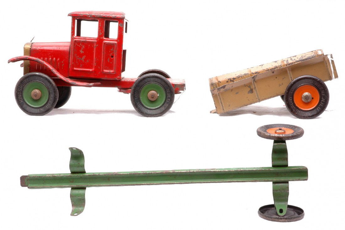 Kingsbury Red Cab Truck Tan Trailer Green Trailer: Kingsbury pressed steel red square cab truck that measures 7 3/4 inches in length, a tan low side trailer that measures 5 1/2 inches in length and a green pole trailer that measures 12 inches in lengt